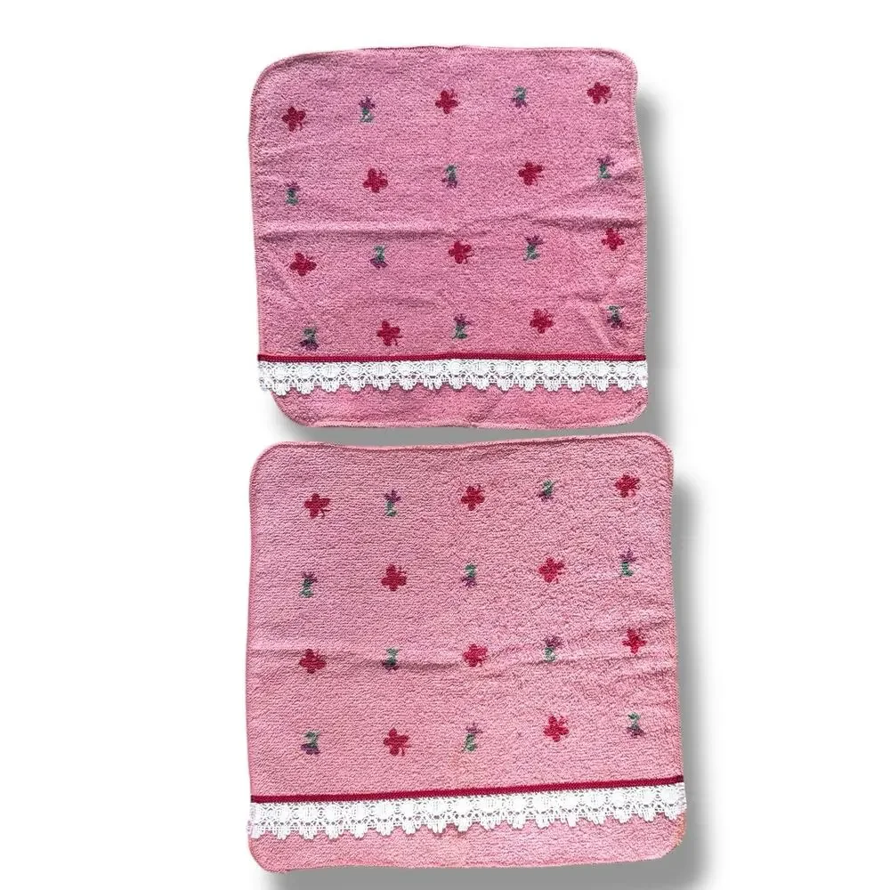 Vtg Dundee Brand Lace Trim Pink Face Cloth Cotton Floral Butterfly Cottage New